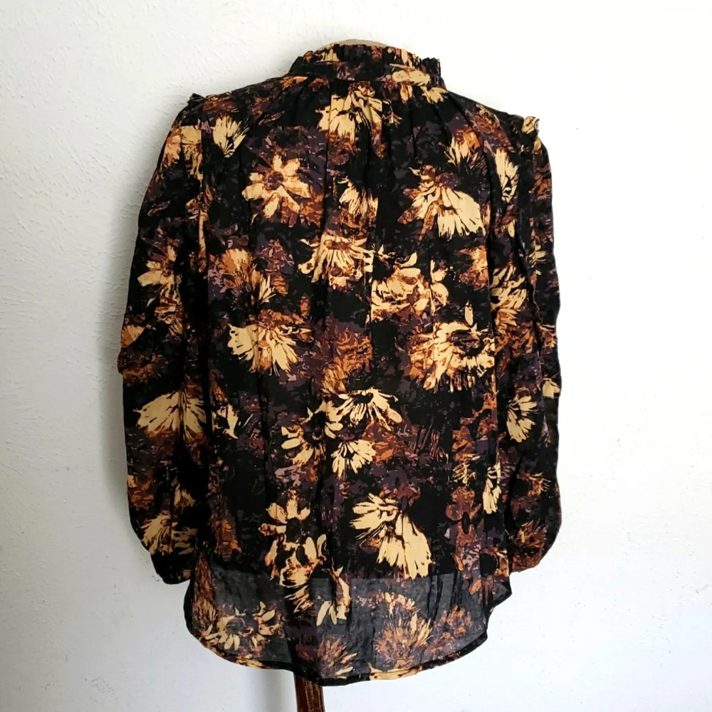 Elan Black and Tan Floral Ruffled Blouse Sz S - Picture 5 of 7